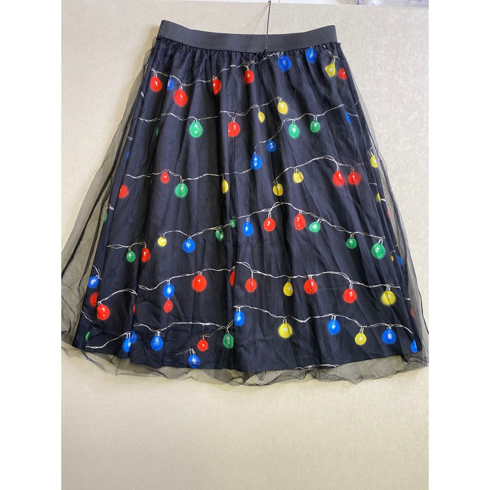 Christmas Lights Print Tulle Overlay Midi Skirt Black Festive Holiday Large
